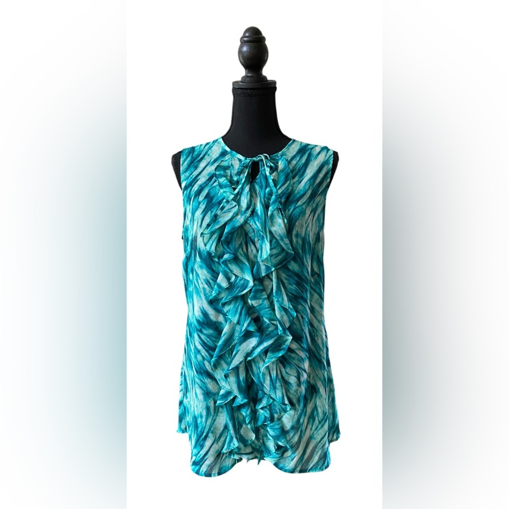 New York & Company: Teal and White Ruffle Front Blouse